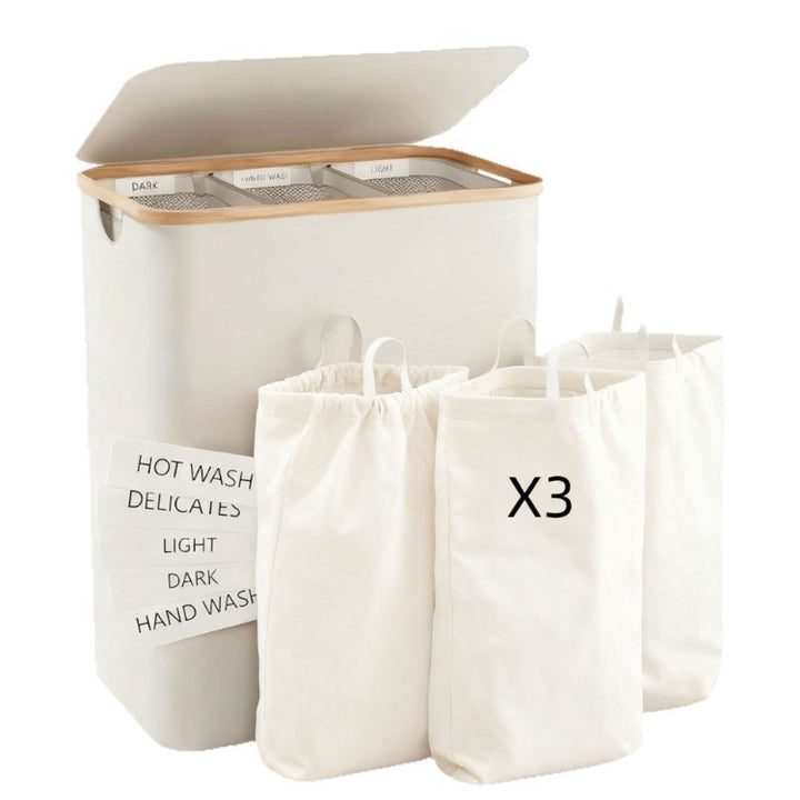 Laundry separation system with three compartments and removable inner pockets