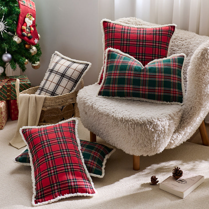 Plaid Sherpa-Trim Square Decorative Throw Pillow Cover