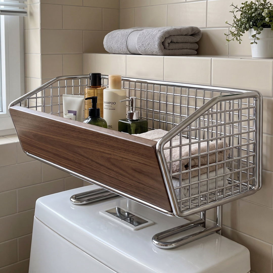 Bathroom Countertop Wire Mesh Vanity Organizer with Wood Panel and Elevated Stand
