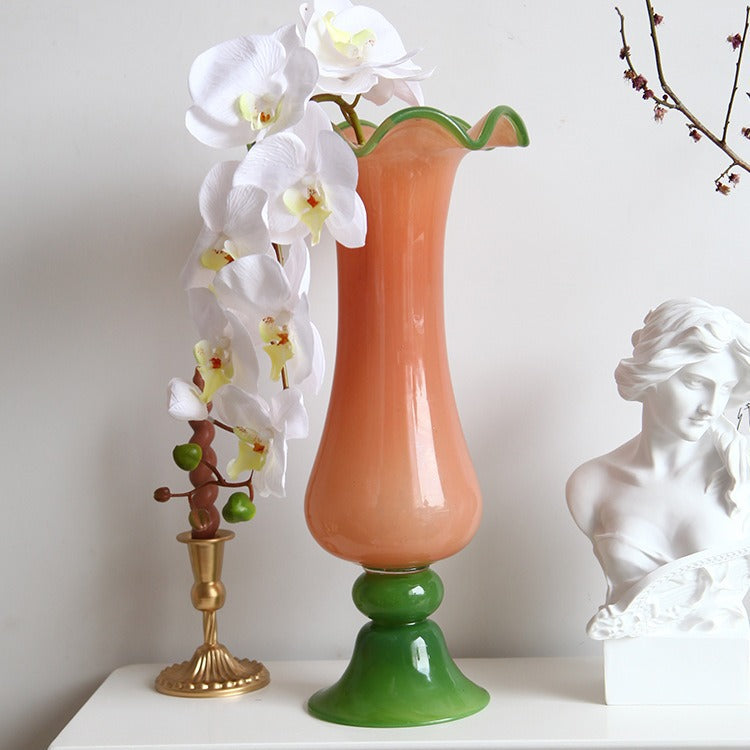 Tall Hand-Blown Fluted Glass Vase with Ruffled Rim & Rounded Pedestal Base