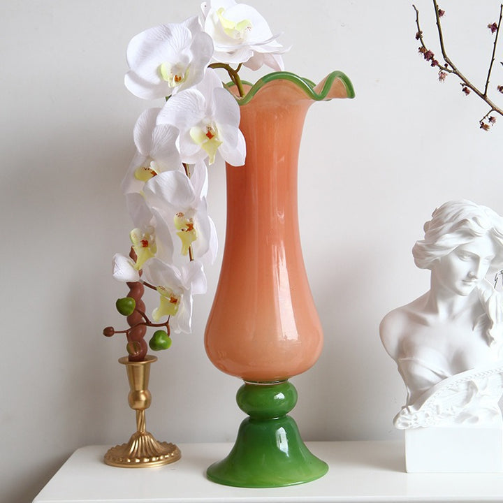 Tall Hand-Blown Fluted Glass Vase with Ruffled Rim & Rounded Pedestal Base