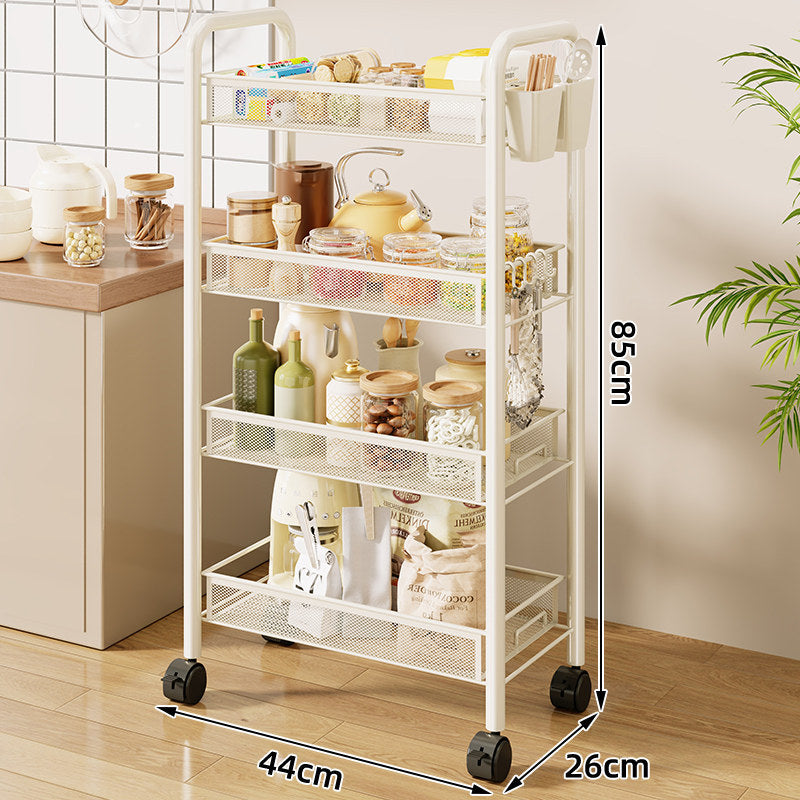 Three-Tier Rolling Mesh Kitchen Storage Cart with Side Utensil Caddy and Locking Casters