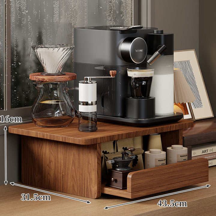 Two-Level Solid Walnut Coffee Station Riser with Pull-Out Drawer