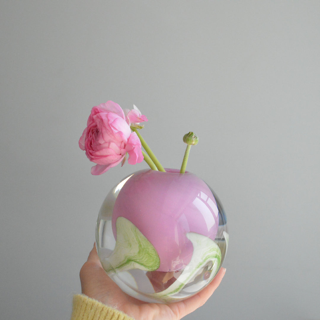 Hand-Blown Art Glass Decorative Bud Vase with Encased Organic Swirl and Clear Base