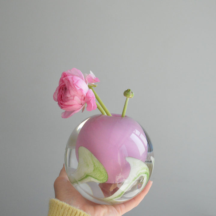 Hand-Blown Art Glass Decorative Bud Vase with Encased Organic Swirl and Clear Base