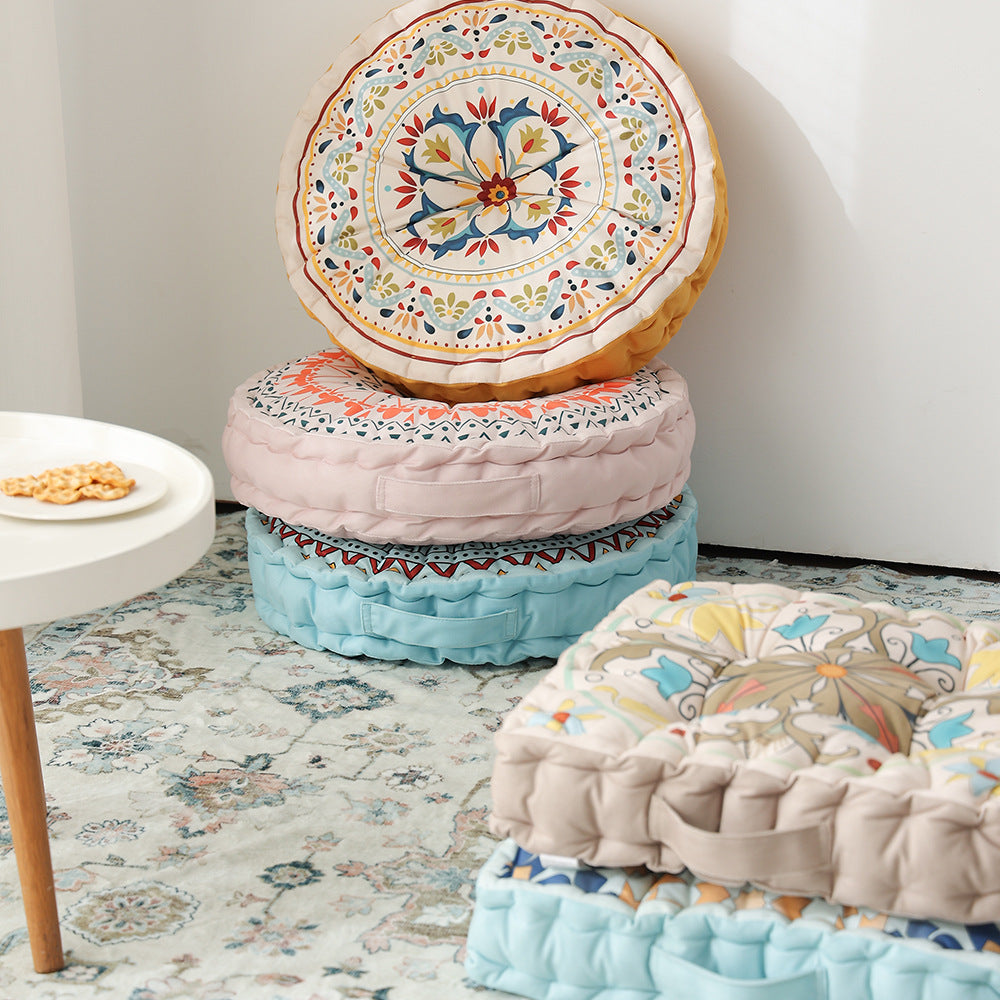 Round seat cushion with mandala print, thickly padded floor seating mat and carrying handle