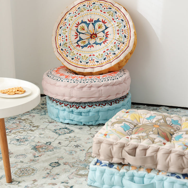 Round seat cushion with mandala print, thickly padded floor seating mat and carrying handle