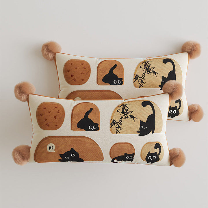 Decorative Rectangular Throw Pillow with Pom-Pom Corners and Patchwork Cat Illustration