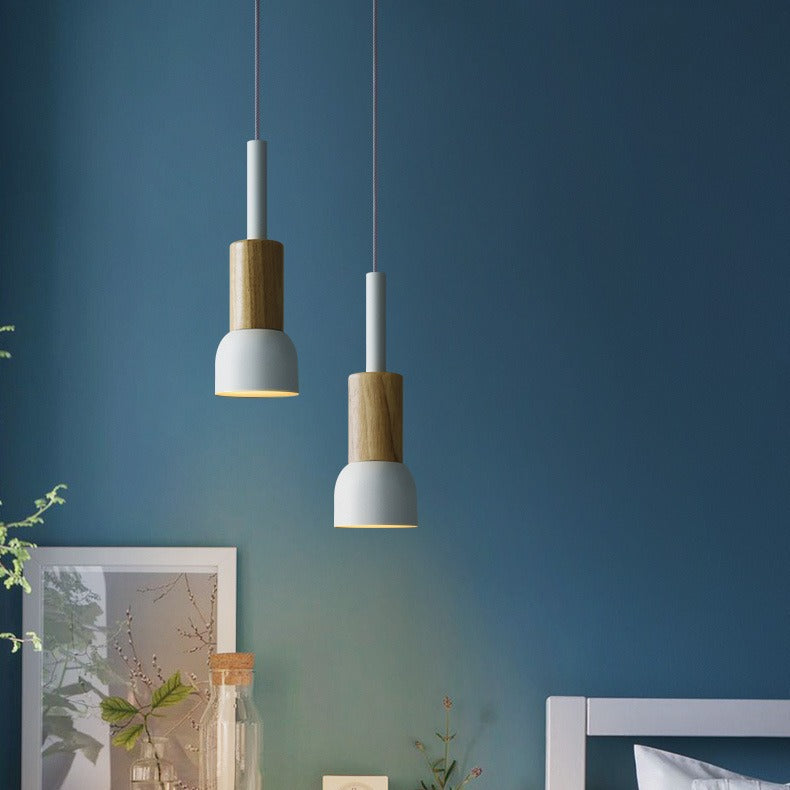 Minimalist wood and metal pendant lamp with small shade dome