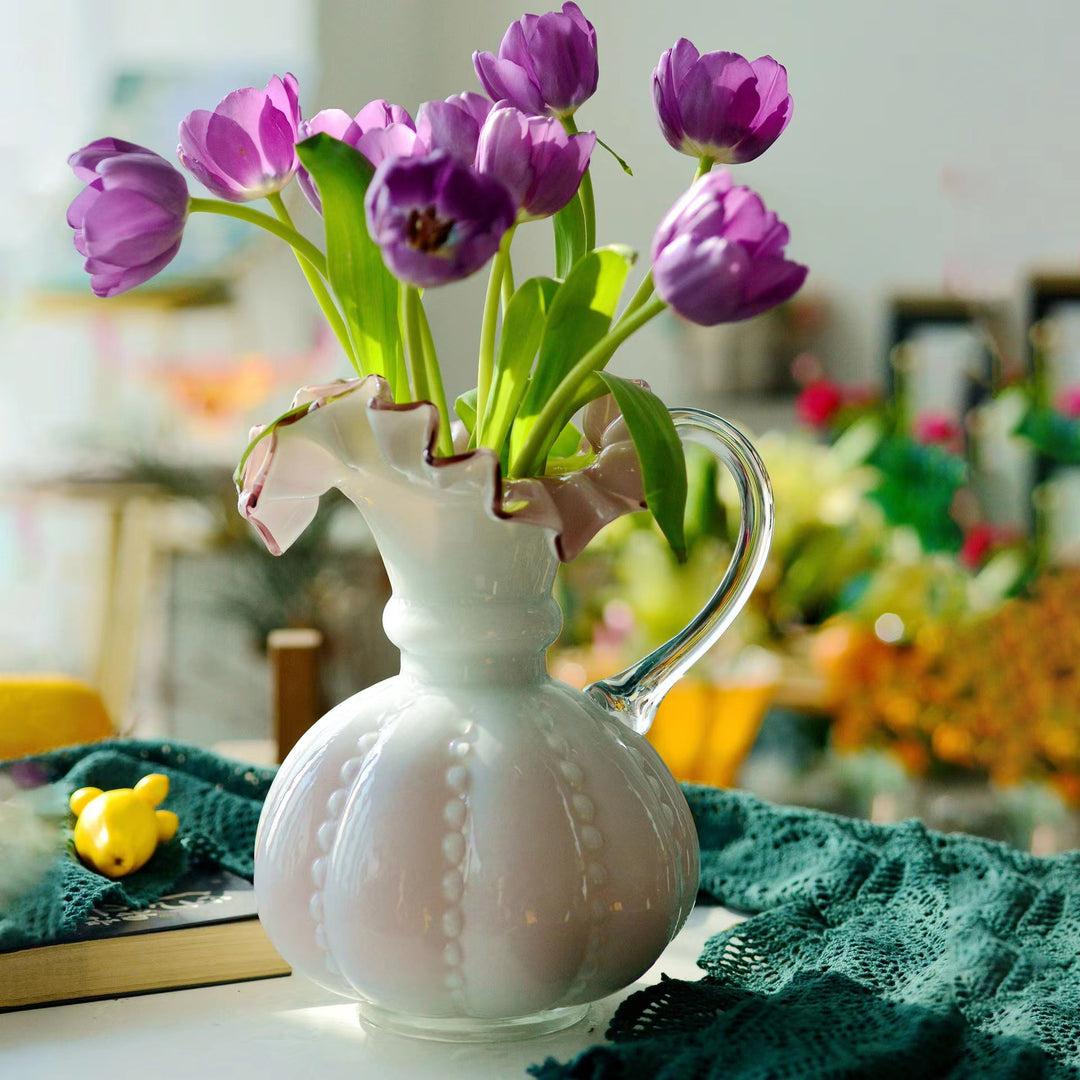 Artisanal Bulbous Milk-Glass Bud Vase with Frilled Neck & Speckled Inclusions