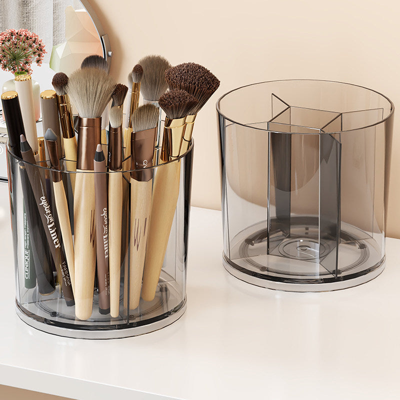 Rotating Clear Acrylic Makeup Brush and Cosmetic Organizer with Multi-Compartment Dividers