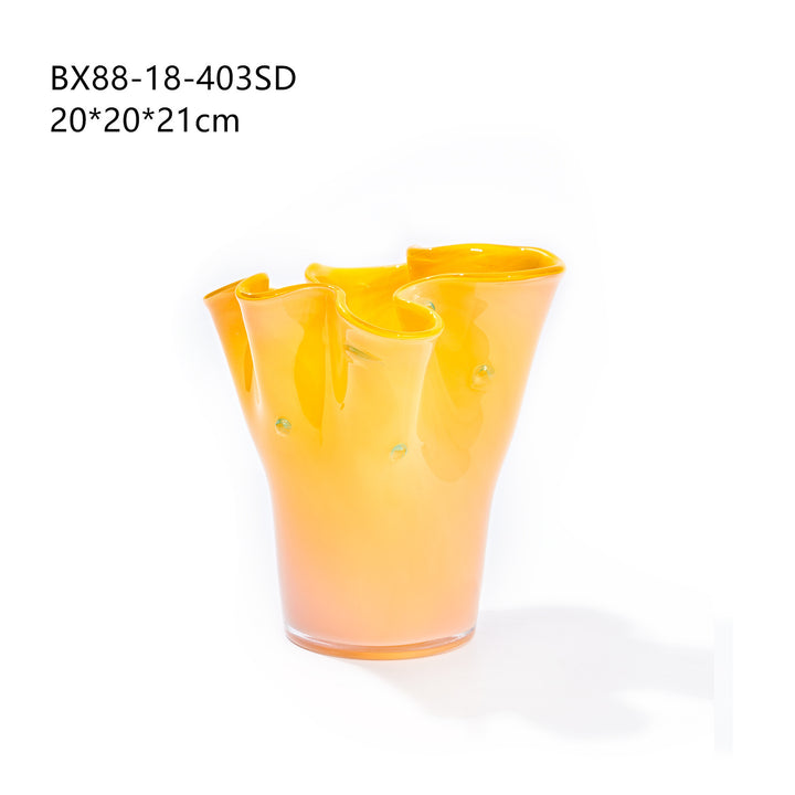 Hand-Blown Fluted Art Glass Vase with Ruffled Rim