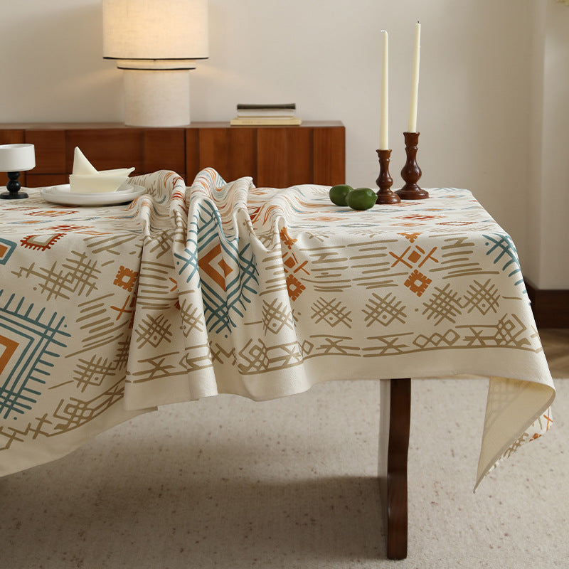 Rectangular Decorative Tablecloth made of Cotton-Linen with Woven Diamond Pattern and Antique-Inspired Border