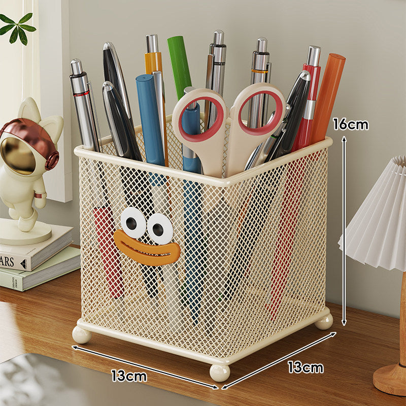 Metal Mesh Cylindrical Desktop Pen & Pencil Holder with Decorative Face and Rounded Feet