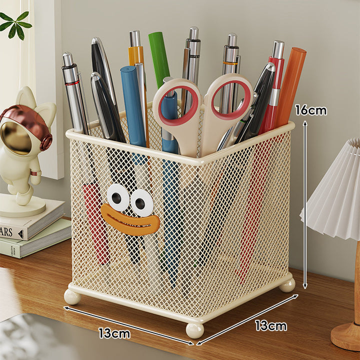 Metal Mesh Cylindrical Desktop Pen & Pencil Holder with Decorative Face and Rounded Feet