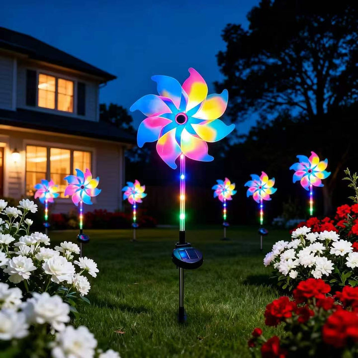 Solar-powered LED iridescent flower windmill garden stake
