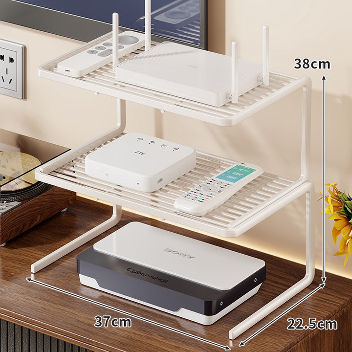 Two-Tier Ventilated Metal Electronics Organizer Shelf for Routers, Set-Top Boxes and Remotes