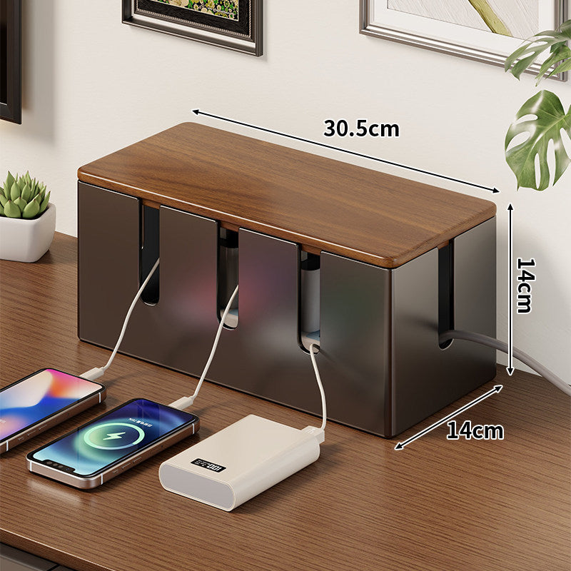 Wooden-Top Cable Management Box with Multi-Slot Cord Organizer and Power Strip Storage