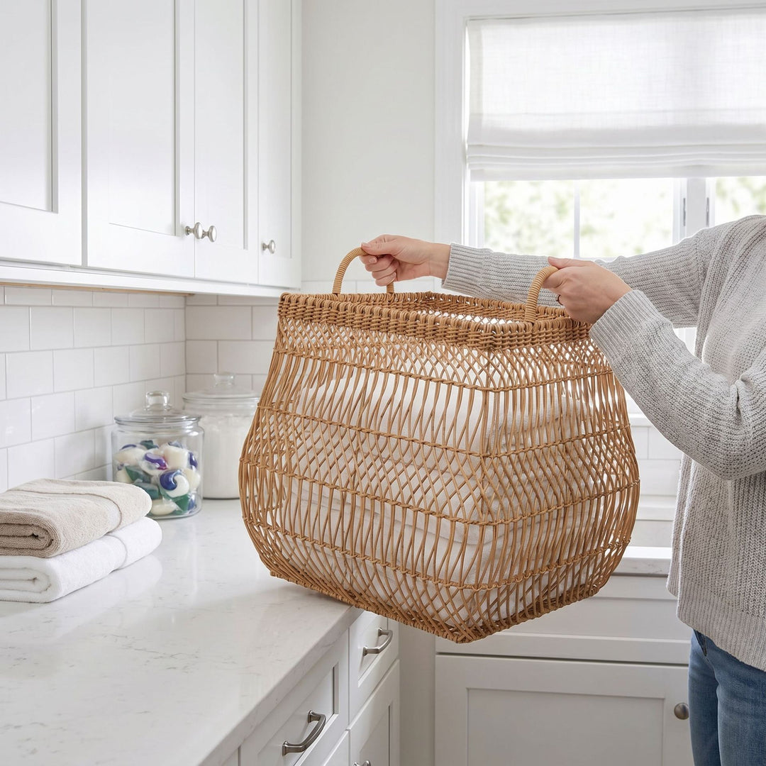 Playful storage basket made of handwoven wicker