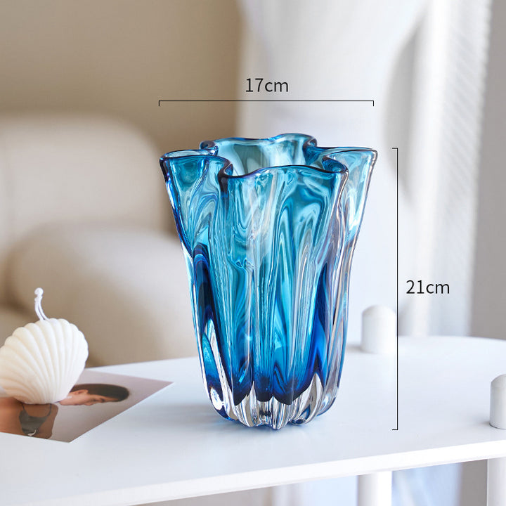 Tall Fluted Art Glass Centerpiece Vase with Sculpted Ruffled Rim