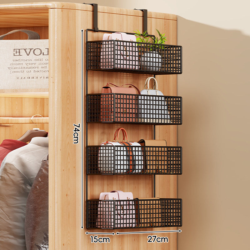 Over-the-Door Metal Grid Hanging Organizer with Four Stackable Baskets and Hooks