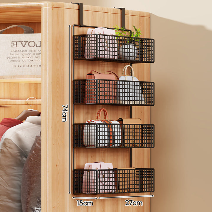 Over-the-Door Metal Grid Hanging Organizer with Four Stackable Baskets and Hooks