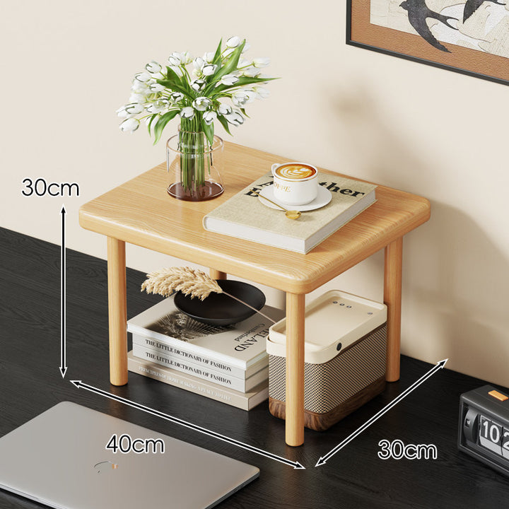 Compact Solid Wood Elevated Desk Display Stand with Under-Shelf Storage and Rounded Leg Design