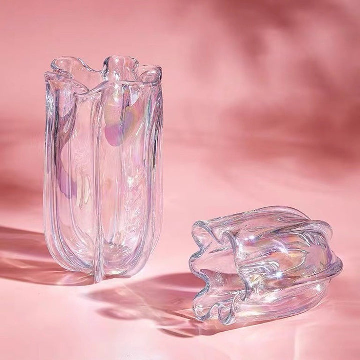 Iridescent Ribbed Hand-Blown Glass Tulip-Shaped Decorative Vase with Folded Rim