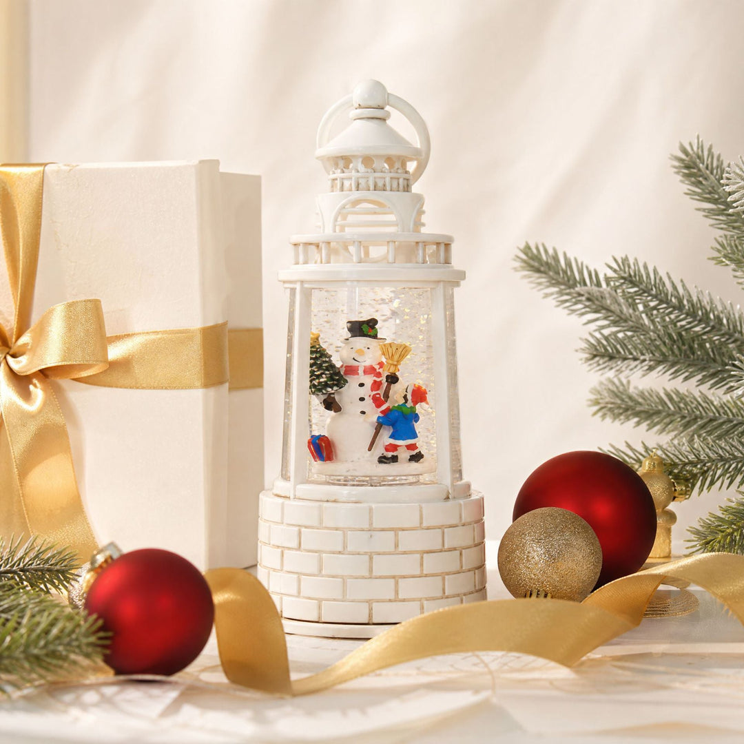 Nostalgic snow lantern with moving snowman scene