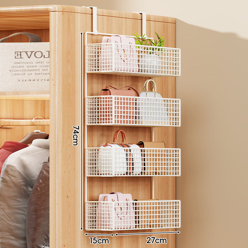 Over-the-Door Metal Grid Hanging Organizer with Four Stackable Baskets and Hooks