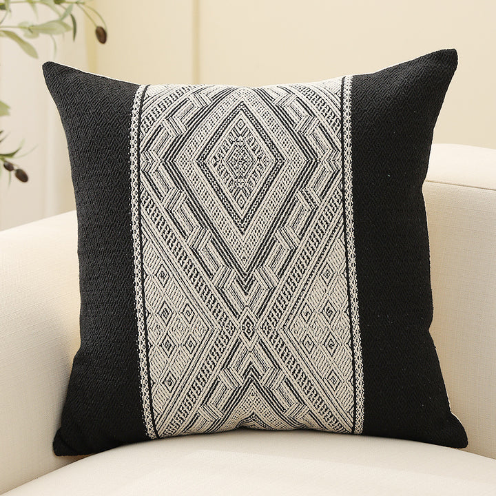 Square woven decorative cushion cover with central ethnic jacquard stripe and textured cotton blend