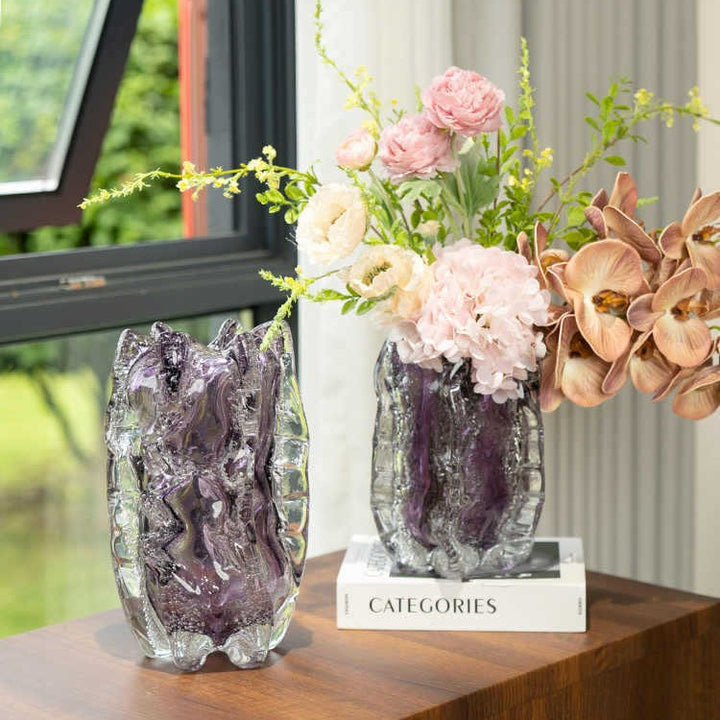 Hand-Blown Sculptural Ribbed Art Glass Decorative Vase