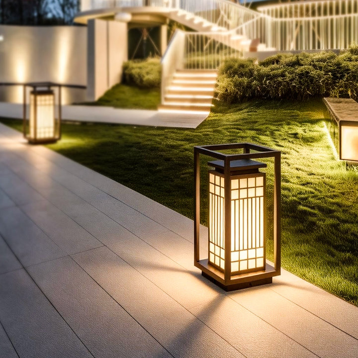 Japanese inspired solar garden floor lantern with wooden frame