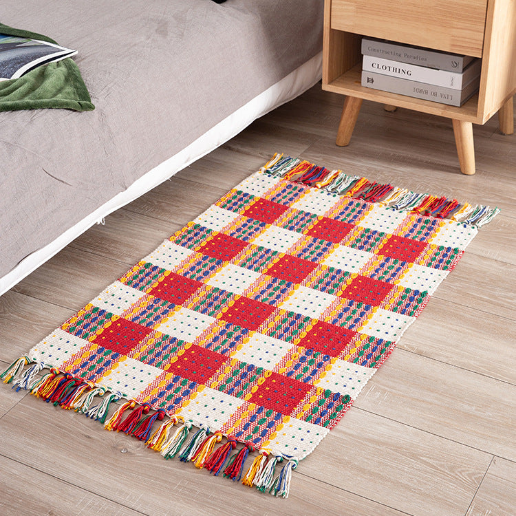 Striped cotton doormat with non-slip bottom and decorative woven edge