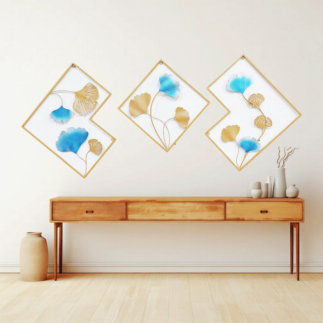 Decorative Metal Wall Art Set with Ginkgo Leaf and Floral Design