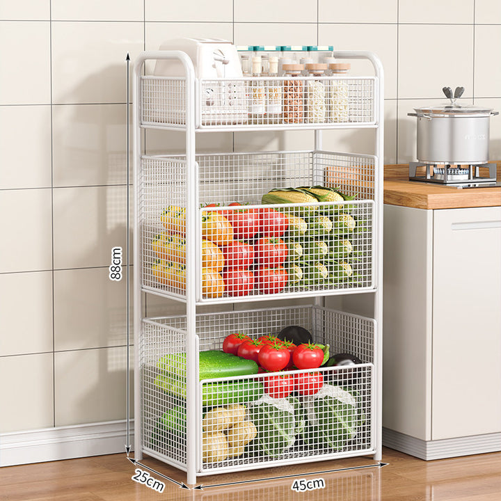 Rolling kitchen storage organizer with adjustable mesh basket