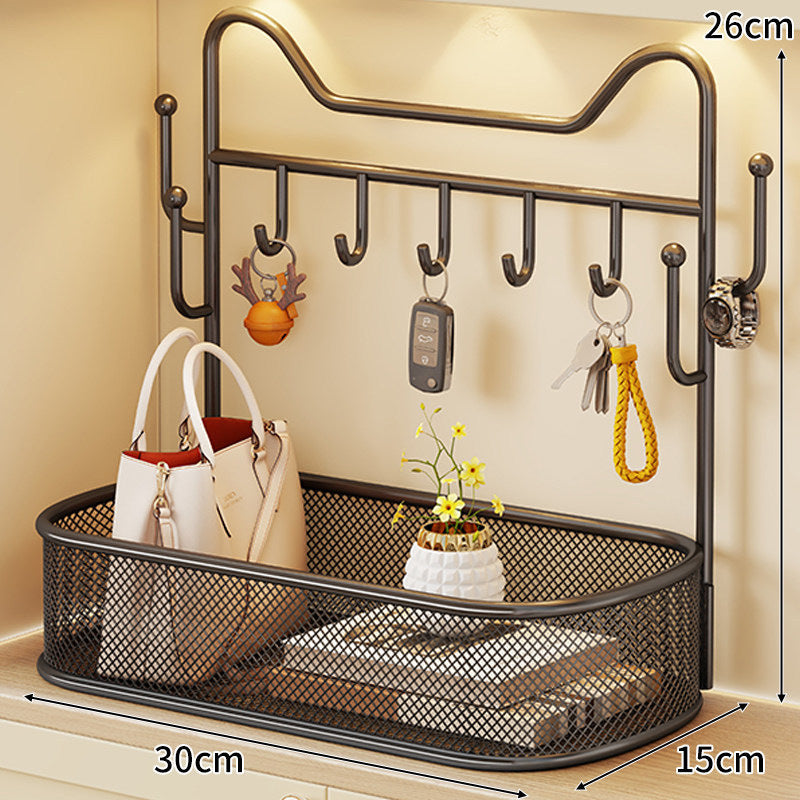 Wall-Mounted Entryway Organizer with Mesh Basket and Multi-Hook Rack