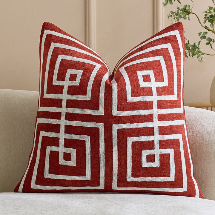 Geometric Embroidered Cotton-Linen Square Throw Pillow Cover with Raised Chenille Maze Appliqué