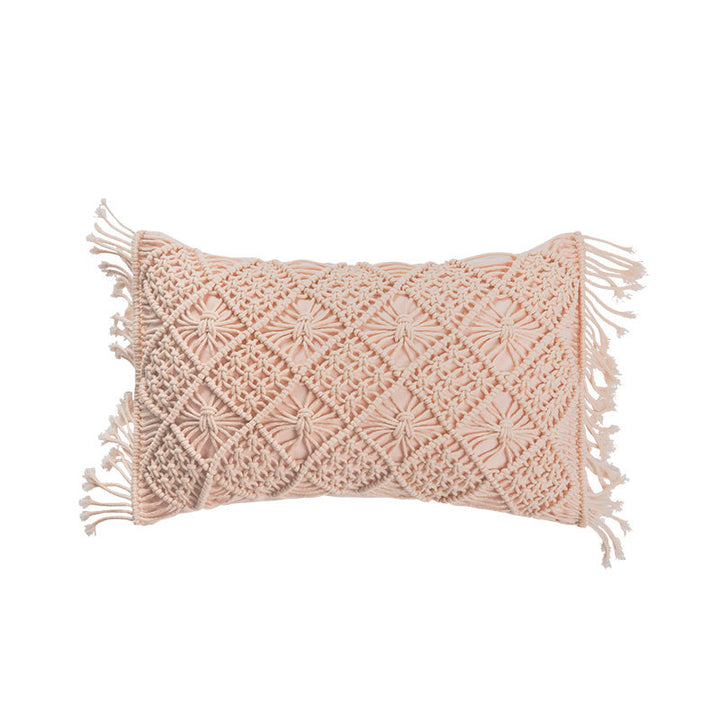 Rectangular cushion cover in macramé style with tufted floral appliqués and fringes