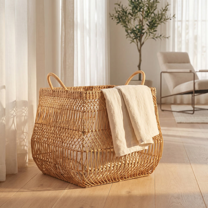 Playful storage basket made of handwoven wicker