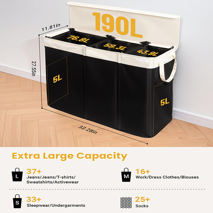Generous laundry container with removable inner pockets