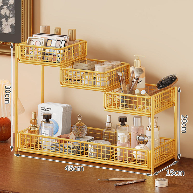 Tiered Metal Mesh Vanity and Countertop Organizer with Multi-Level Adjustable Baskets