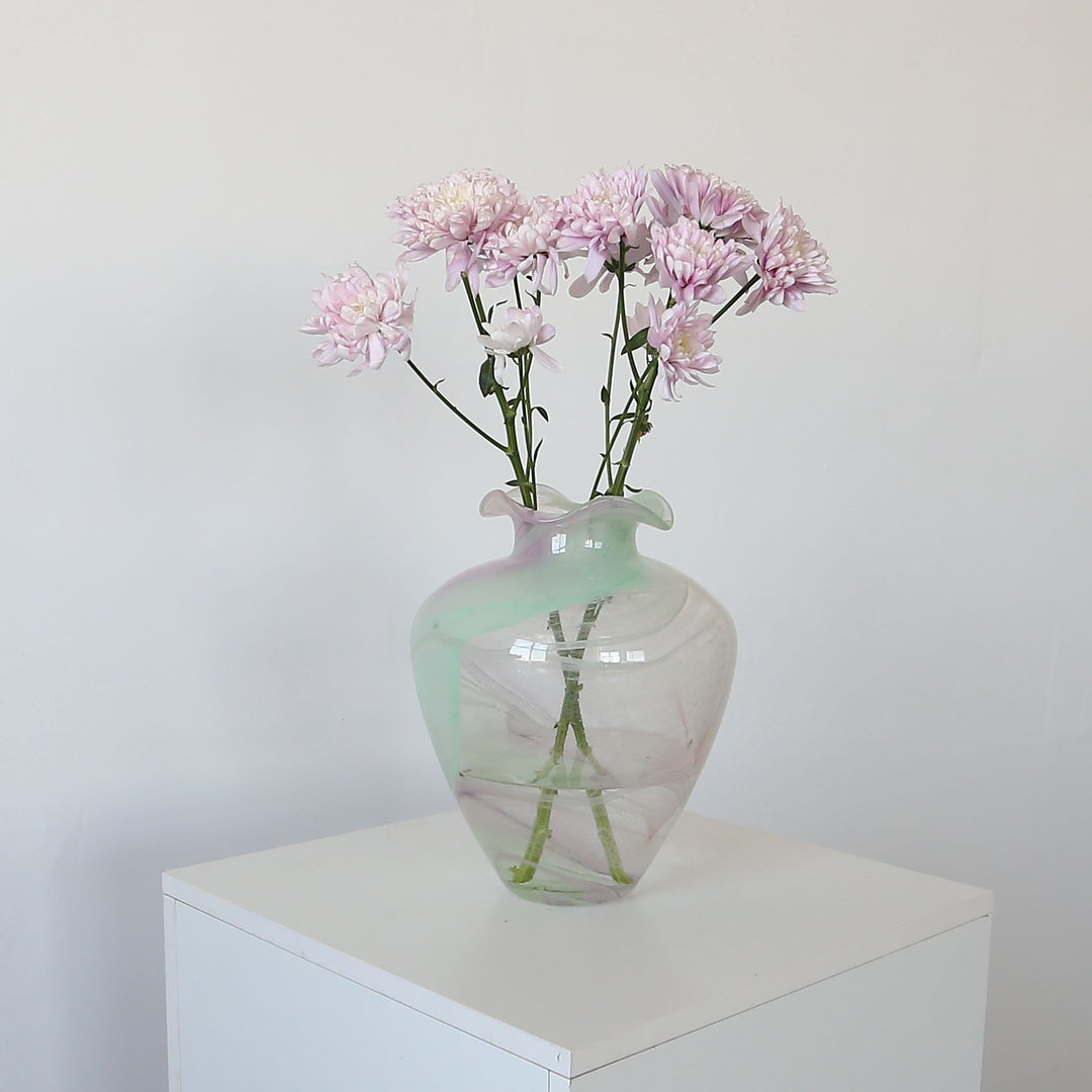 Handblown Pastel Swirl Sculptural Vase with Ruffled Lip