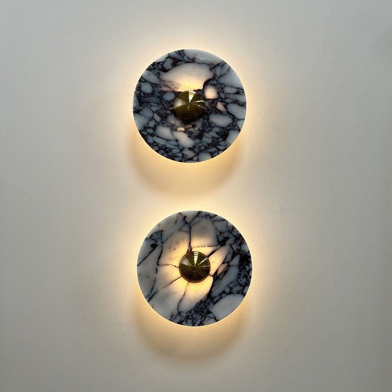 Marble Pattern Background Illuminating Circular Wall Lamp Pair