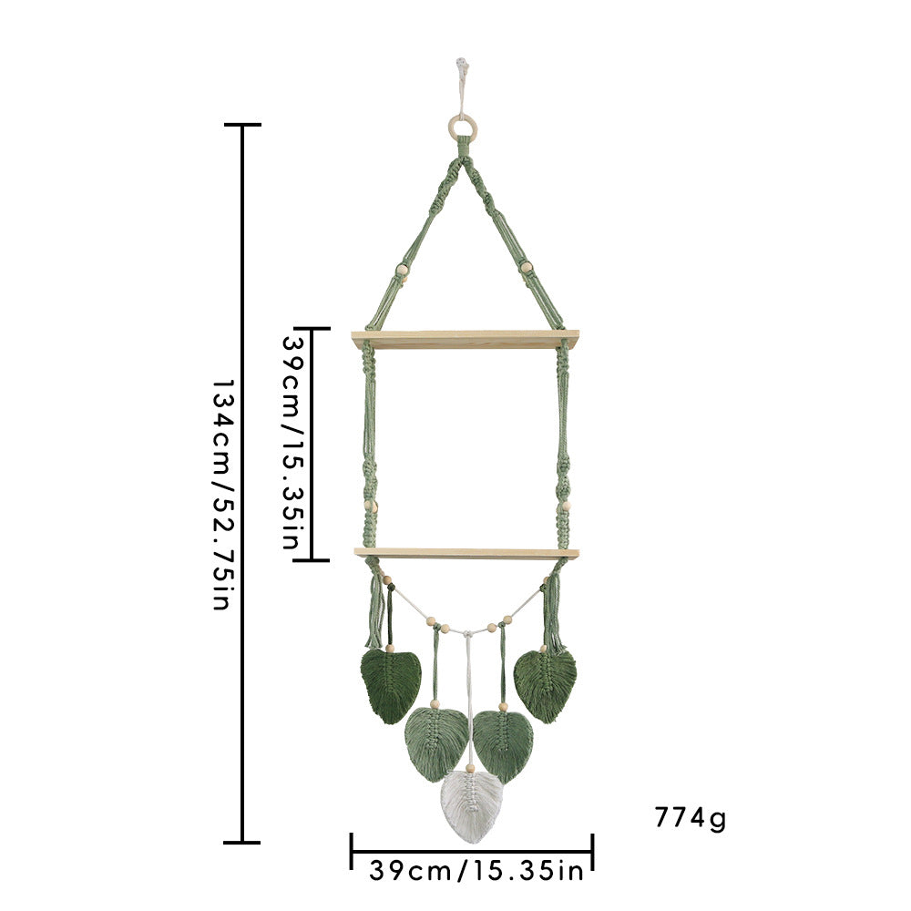 Macramé plant shelf with artistic leaf design