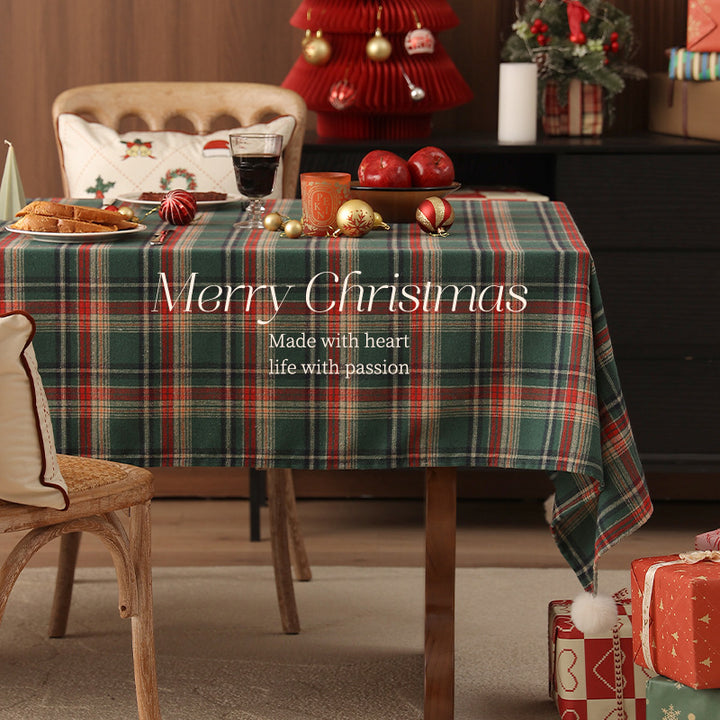 Checked Festive Tablecloth with Pom-Pom Trim and Dense Flannel Fabric