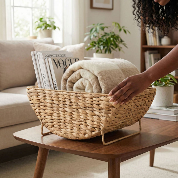 Decorative basket for storing blankets and magazines