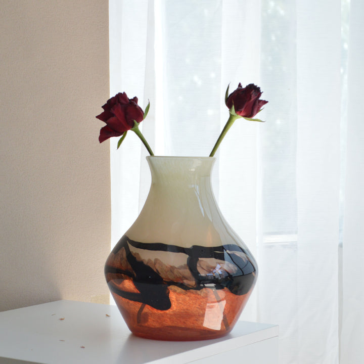 Contemporary Bulbous Mouth-Blown Glass Accent Vase with Marbled Swirl