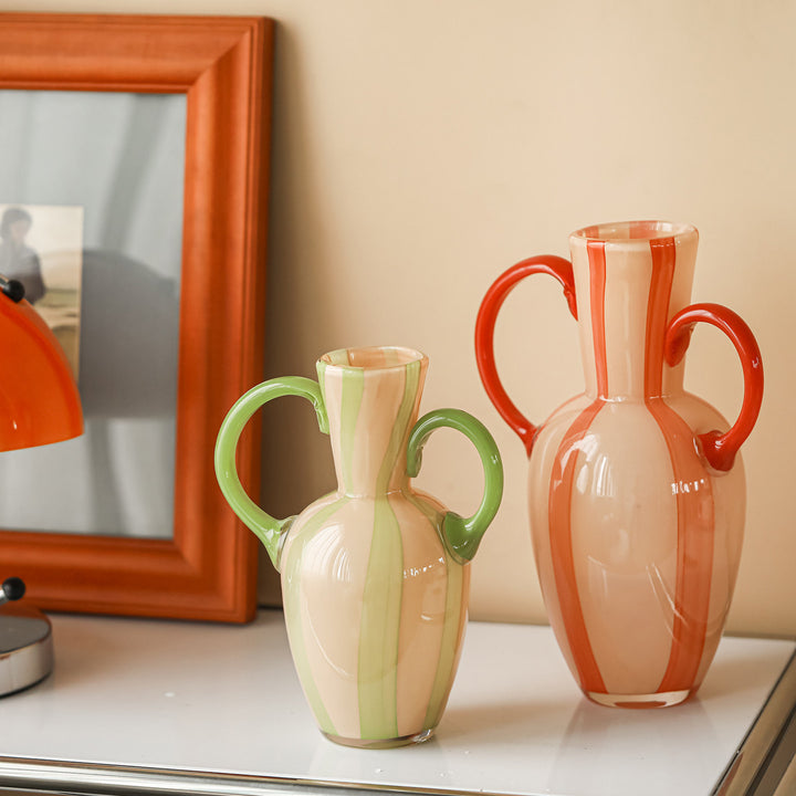 Double-Handled Hand-Blown Striped Glass Amphora Vase
