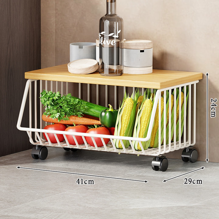 Multi-Tier Rolling Kitchen Fruit and Vegetable Storage Cart with Wood Top